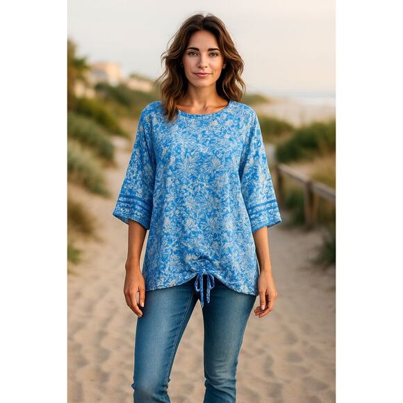 Ali Miles Printed Knit Pop Over Tunic Three Quarters Sleeves with Texture L - Picture 1 of 8